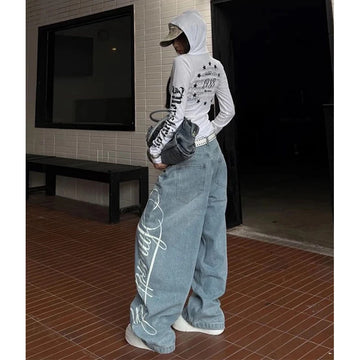 GETADME 2025 Autumn Women Y2k Baggy Vintage Blue Jeans 2000s Boyfriend Jean Pants Vintage Harajuku Letter Print Denim Trousers Clothes